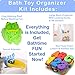 Lilly's Love Bath Toy Organizer Kit - Quick Dry Mesh Bathtub Toy Holder + Bath Letters and Numbers + Cute Frog Washing Poof + Crab Faucet Spout - 3 Soap Pockets + Toy Bin + Locking Hooks