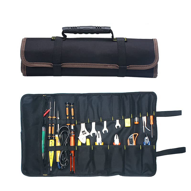 Portable Tools Bag MASO 22 Pockets 600D Oxford Canvas Tool Roll Up Bag Big Tote Carrier Organizer, Easy Storage & Portable Best for Craftwork Handymen Repairmen BLACK