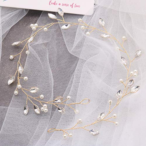 Kercisbeauty Handmade Bridal Bridesmaids Ajustable White Crystal and Pearl Beads Garter or Headband Vine Spring Headband Headpiece Vine Hen night bachelorette party(Gold)