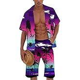 Cromoncent Men's Hawaiian 2 Piece Sets Short Sleeve Button Down Shirts and Shorts Printed Vacation Outfits