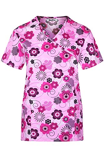 MedPro Women's Printed Medical Scrub Set Mock Wrap Top and Pants Hot Pink S