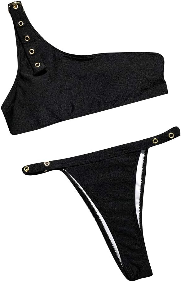 NAFLEAP Women Adjustable One Shoulder Push Up Swimsuit High Waist Thong Bikini Set Bathing Suits,Black,L