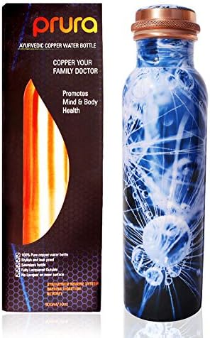 PRURA Pure Printed Copper Water Bottle - Leak Proof Ayurvedic Drinkware Copper Vessel for Sports, Gym, Outdoors, Yoga, Health Benefits (30 oz)