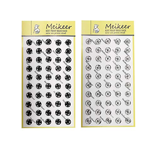 Meikeer 100 Sets Sew-on Snap Buttons Brass Snap Fastener Buttons Press Button Sew on Press Studs for Sewing Clothing Silvery and Black(8.5mm)