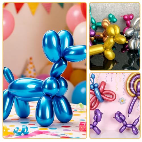 WENAUANG 100 Pieces Long Metallic Balloons, Balloon, Balloon Shapes with Balloon Pump, Magic Latex Balloons for Animals, Parties, Birthdays, Decoration and DIY Crafts