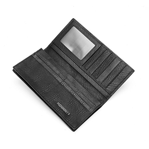 MONHINTY Men's Genuine Leather Multi-Card Long Bifold Wallet Black