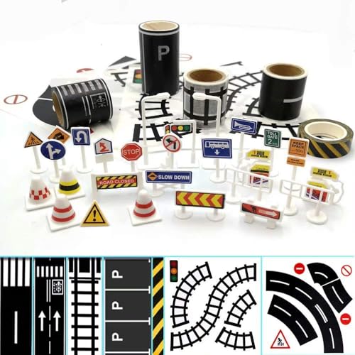 TERRIFI Play Road Tape for Toy Cars & Trains, 3 Rolls of Black Tape, Each 197 inch x 1.9 inch, Includes Traffic Signs, Sticks to Floors and Walls, Easy Cleanup, No Residue, Kids Gift