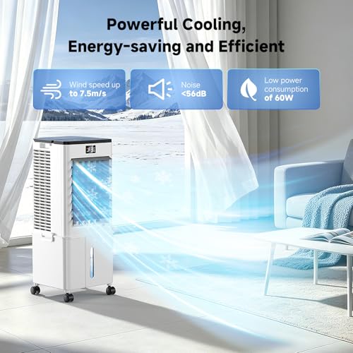 Portable Air Conditioner,4-in-1 AC Unit with 3 Speeds, 12H Timer, 60° Oscillation, 35dB Quiet, Remote Control, 10L Water Tank & 4 Ice Packs,60W Evaporative Air Cooler for Home & Office Bedroom（Black）