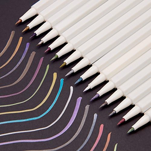 Paint Metallic Marker Brush Pens, Set of 15Colors, Fine Point Metal Art Markers for Adult Coloring Books, Card Making, Art Rock Painting, Glass, Ceramics, Black Paper, DIY Photo Album
