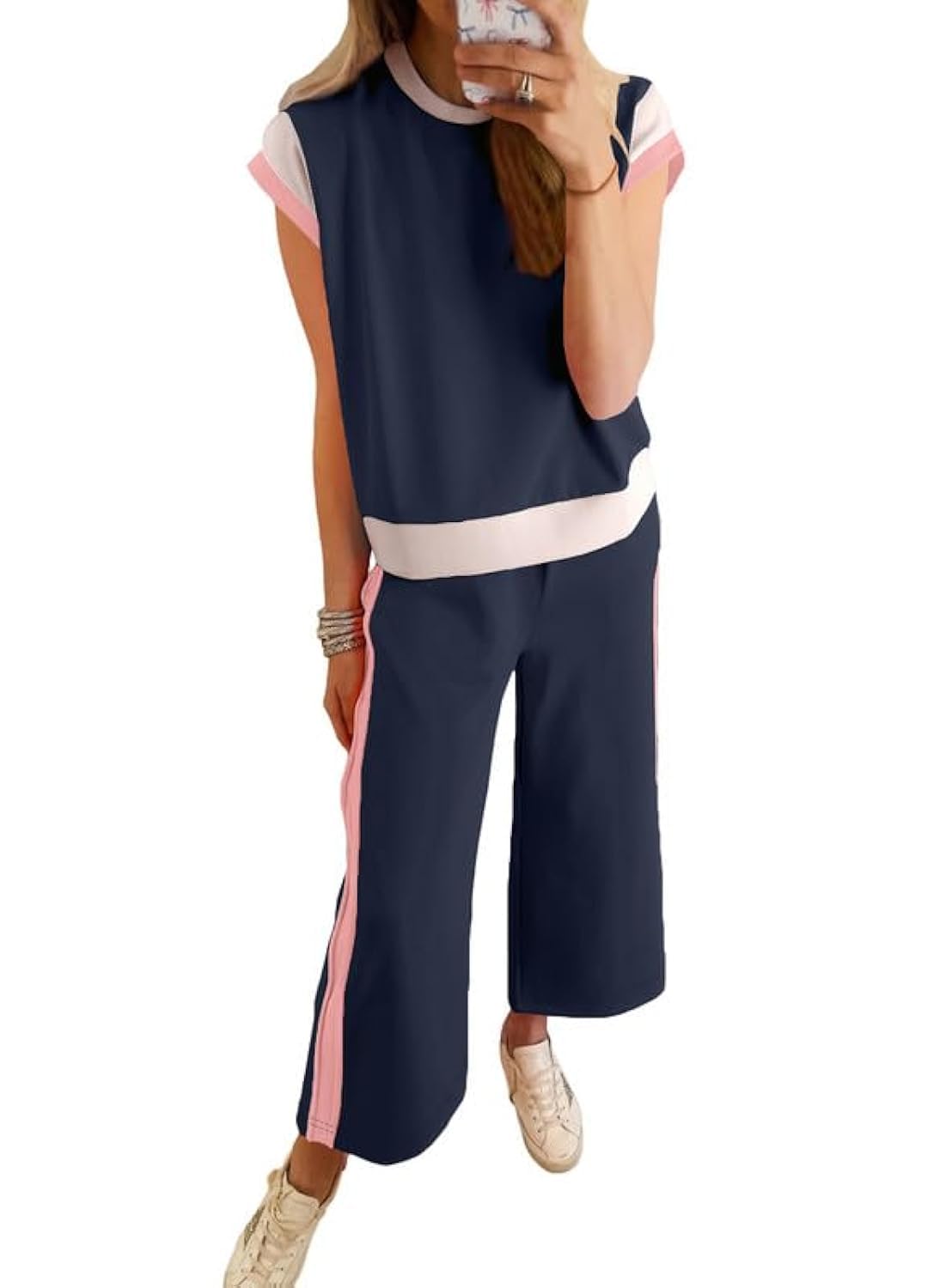 Photo 1 of ***TOP MISSING***SHEWIN Two 2 Piece Lounge Sets for Women Casual Short Sleeve T Shirts Matching Wide Leg Pants Comfy Loungewear Tracksuit Set Summer Outfits 2025 Navy Blue XL