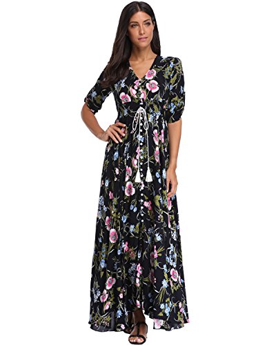 Summer Floral Print Maxi Dress Women Button Up Split Long Flowy Bohemian  Beach Party Dresses Women Casual