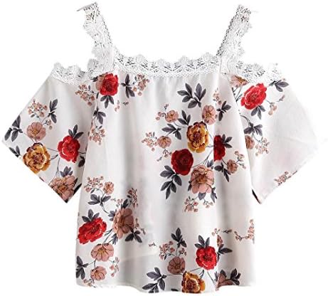 AUSKA Women Off Shoulder Lace Short Sleeve Off Floral Blouse Casual Tops T-Shirt (L, White)