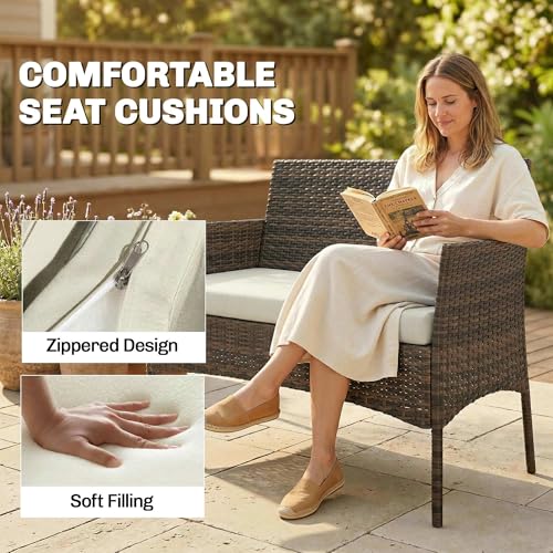 Outsunny 4 Pieces Wicker Patio Furniture Set, PE Rattan Outdoor Conversation Set with Loveseat, 2 Chairs, Tempered Glass Coffee Table and Cushions for Garden Porch Balcony, Beige