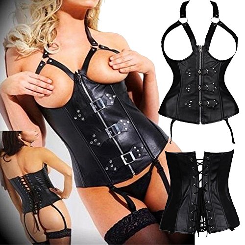Kiwi-Rata Women's Faux leather Overbust buckle Corset G-string 5XL Open-Bust Black