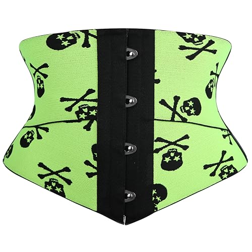 Underbust Corset - Green Color with Black Skulls Print Corsets - High Elasticity Crazy Sexy Waist Training Cincher for Halloween - Size (S-M)