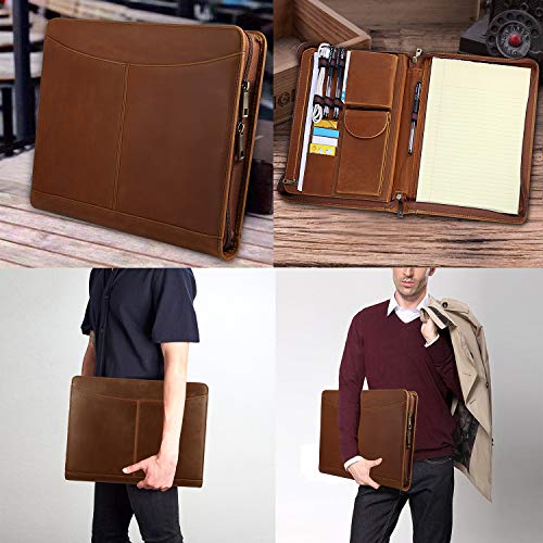 Handmade Crazy-Horse Leather Padfolio Portfolio, Easy to Carry with A Zippered Closure, Business Organizer Tablet Folio Folder with Letter Size Notepad, Gift for Women & Men (Brown, Non-Custom)