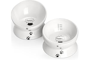 Y YHY Raised Cat Food Bowl Set, Ceramic, Tilted Elevated Bowls, 2 Bowls, 3.6 in & 3 in, White