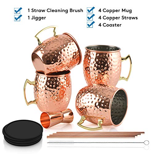 Yoassi Moscow Mule Becher, 4er Set Kupferbecher Mug Kupfer ink. 4 x Silkon Untersetzer, 4 x Strohhalme, 1 x Shotglas, 1 x Strohbürste Cocktailgläser Geschenk für Bar, Party, Hausparty – Bild 7
