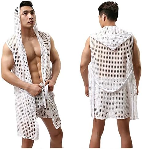 UMaster Men's Summer Hooded Sexy Mesh Sleepwears Pajamas Bathrobes Bath Robe White L