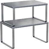 Simple Trending Cabinet Organizer Shelf, Set of 2 Kitchen Counter Shelves, Kitchen Storage, Stackable, Expandable, Metal Spice Rack for Cupboard, Bathroom, Desk, Pantry, Silver