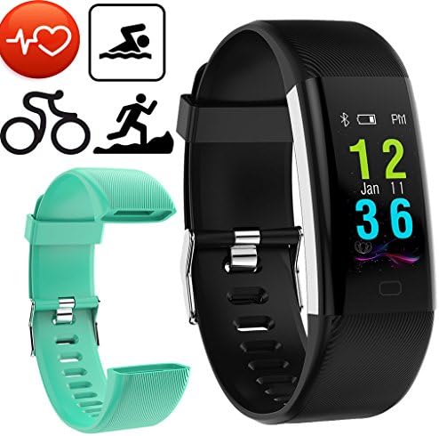 IP68 Waterproof Watch Activity Fitness Tracker For Swim Heart Rate Monitor Sleep Smart Ring Alarm Kids Step Tracker Watch Women Walk Counter Pedometer Replacement Band USB Charging (Black+Green Band)