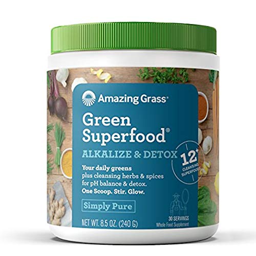 Amazing Grass Green Superfood Alkalize & Detox Organic Plant Based Powder with Wheat Grass and Greens | Flavor: Simply Pure, 30 Servings | Active Probiotic Cultures + Bonus Shaker Cup