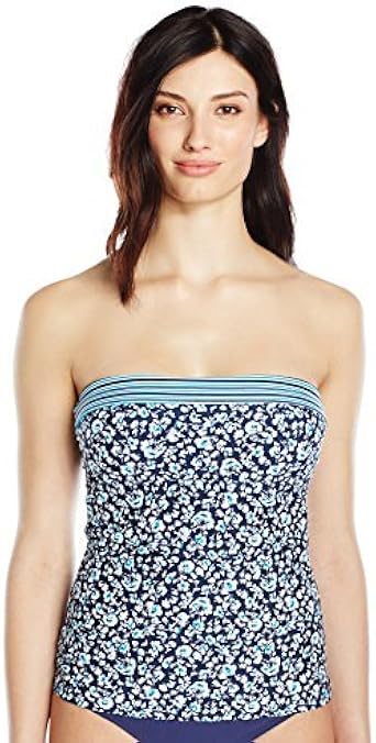 ELLEN TRACY Women's Look Both Ways Ditsy Floral Shirred Bandeau Tankini, Navy/Bright Blue, 14 at 