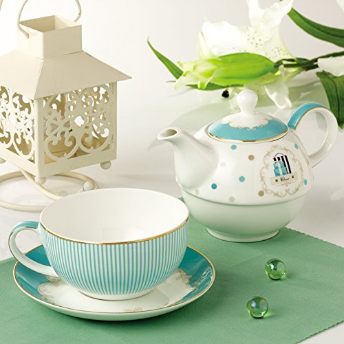 Jusalpha Bone China Blue Teapot and Server Set for One, Teapot Cup