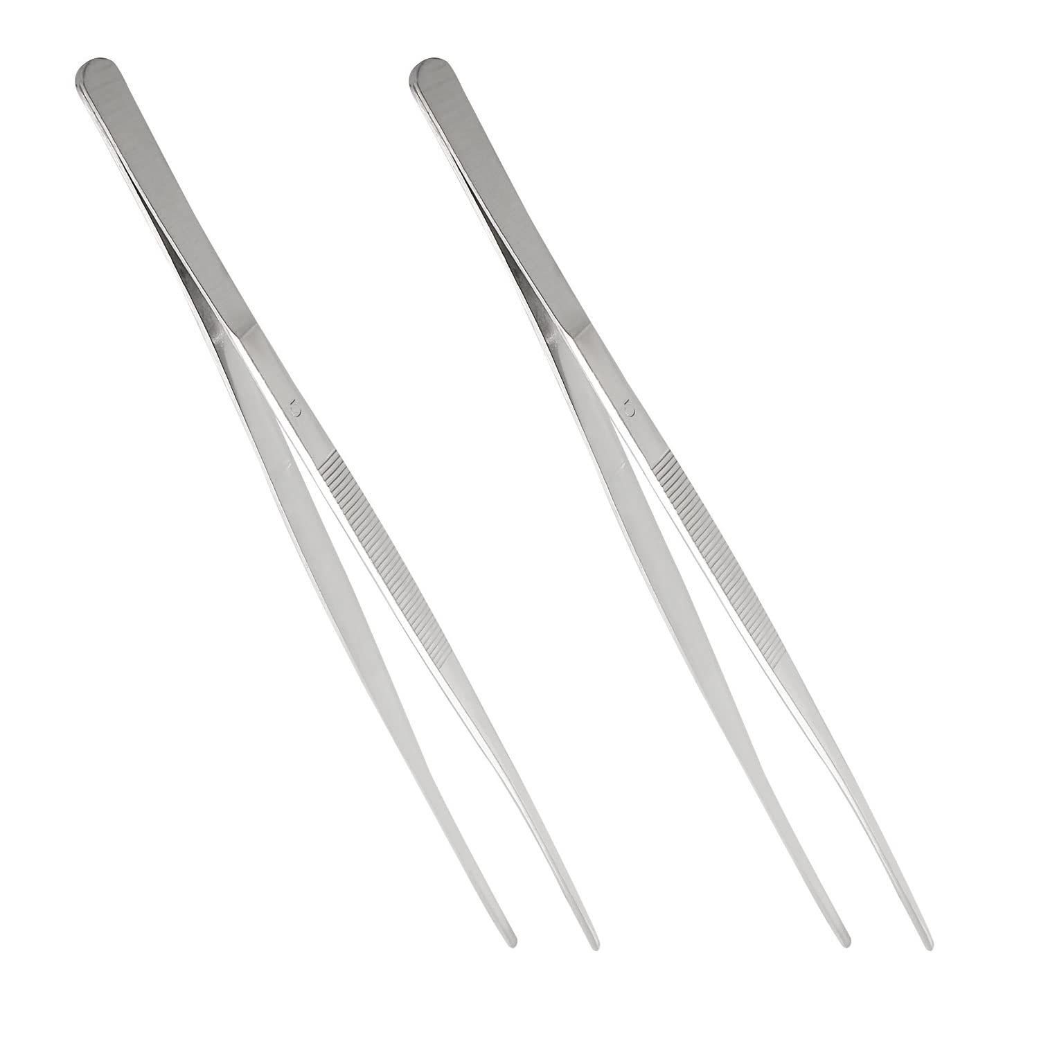 Aopin 2pcs Length 1-3/16 Inch (300mm) Stainless Steel Straight Blunt Tweezers Polished Stainless Steel Heat Resistant,with Non-Slip Straight Tooth Pattern,Metallic Silver