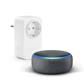 Echo Dot (3. Gen.), Anthrazit Stoff + Amazon Smart Plug (WLAN-Steckdose), Funktionert mit Alexa