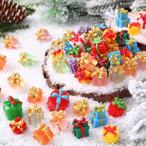 DULEFUN 52pcs Christmas Mini Resin Gift Boxes Statue Small Tiny Miniature Xmas Statues for Dollhouse Micro Fairy Garden Decorations