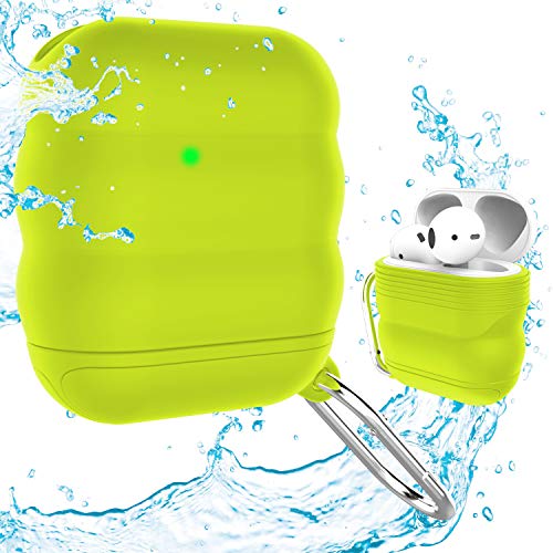 FONY Apple Airpods Case Cover Accessories Kits for AirPods 2 & 1 Charging Case – Waterproof Shock Resistant Protective Silicone Cover Skin with Carabiner (Fluorescent Green)