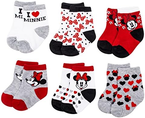 Disney Minnie Mouse Anti-Slip Cozy Baby Socks for Girls, Cartoon Newborn Friend, Socks for Toddlers, 6 Pack, 12-24M