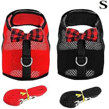 Rabbit Harness Leash, 2 Set No Pull Cat Leash Stylish Vest Harness, Adjustable Soft Breathable Mesh Small Pet Harness for Cats,Hamster, Rats and Similar Small Animals(Red,Black, S)
