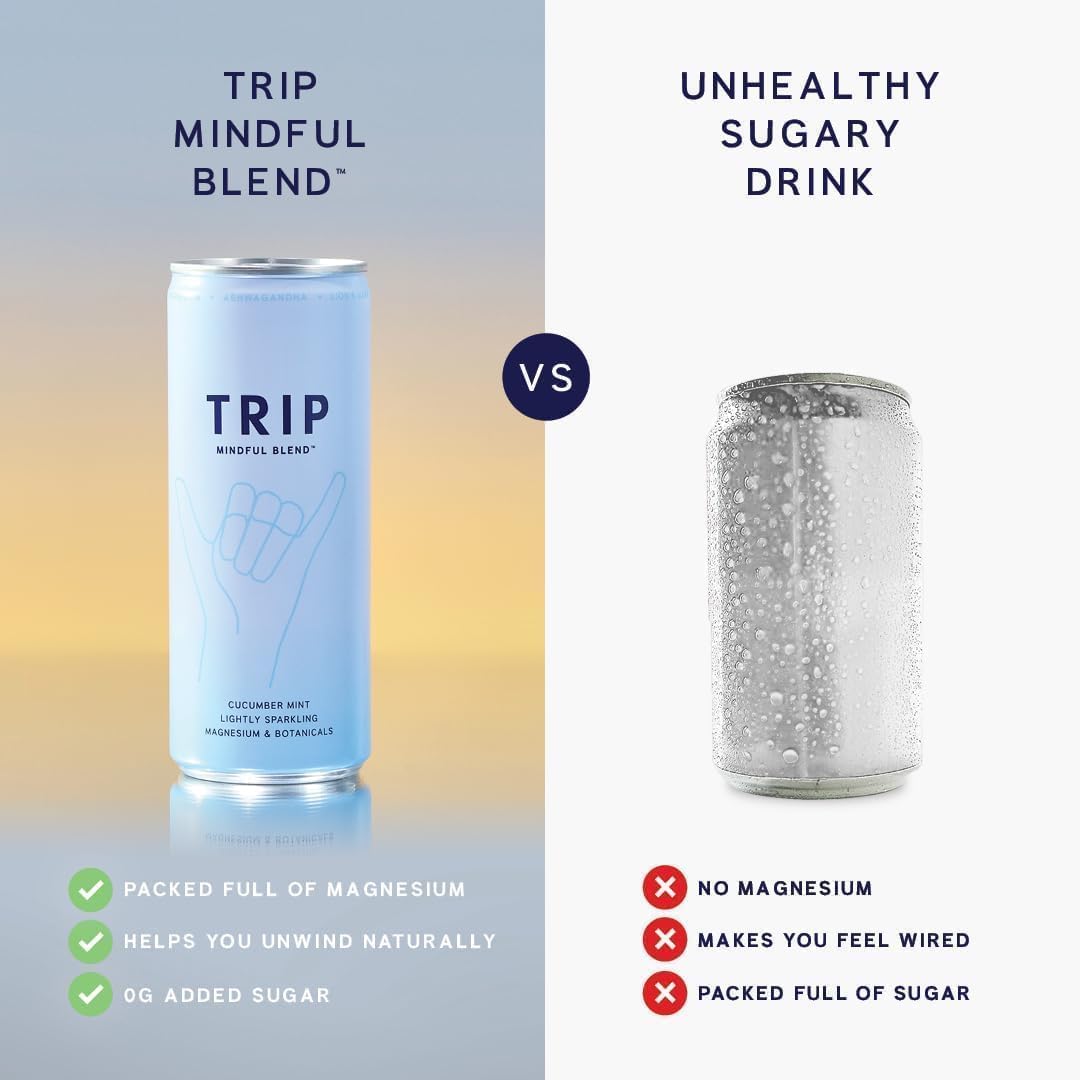 TRIP Mindful Blends - Mixed Pack Sparkling Drink with 1440MG Magnesium + Lion’s Mane + Chamomile + Lemon Balm. Low Calorie and Vegan (Pack of 12 x 250ml)