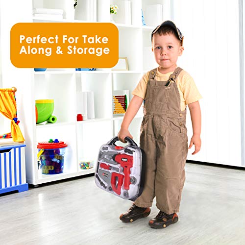 Durable Kids Tool Set, Cakie Kids Pretend Play Toy Tools Set with Electronic Cordless Drill and 16 Pretend Play Construction Accessories with a Sturdy Case