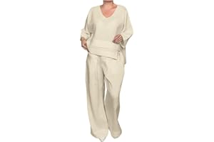 bawilom Linen Set for Women 2 Piece Outfits Casual V Neck Tops and Pants Sets Plus Size Track Suits Lounge Wear with Pockets