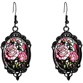 Gothic Raven Bat Cat Rose Witch Dangle Earring for Women Punk Vintage Crystal Glass Cameo Earrings Goth Victorian Mystery Earring Halloween Jewelry