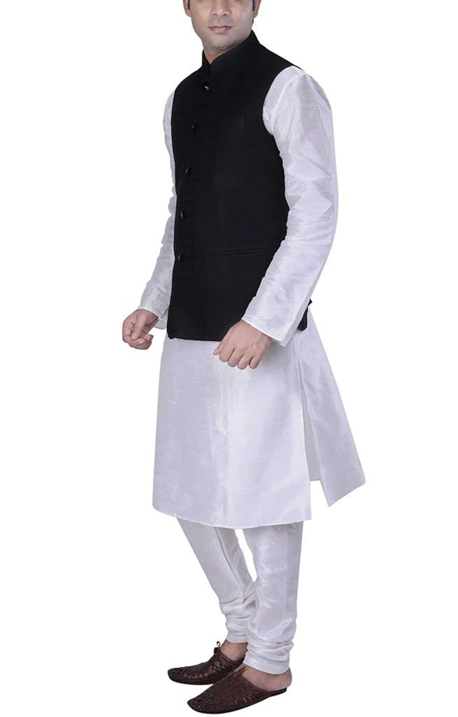 kisah men's white silk blend kurta and churidar with black linen nehru jacket