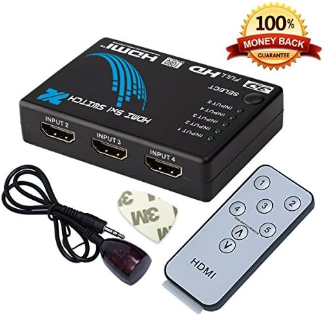 HDMI Switch HD1080p Intelligent 5-Port HDMI Splitter Full 3D with IR Remote for HD-DVD Sky-HD Fire-TV Stick STV PS3 Xbox 360HDTV DVD/ STB/ PC /Projector Blu-ray