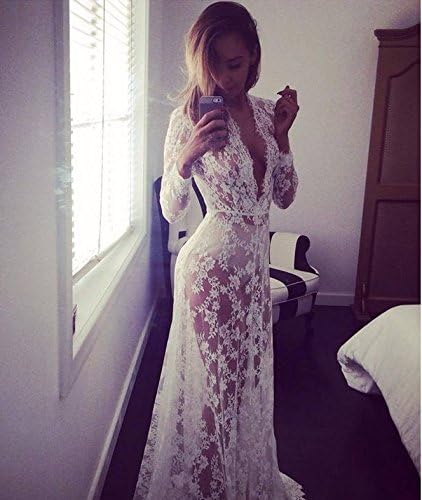 Royal Figure Union Brand New Thanksgiving Halloween Christmase Promotion Sexy Deep V-neck Long-sleeved White Lace Perspective Tight Jumpsuit Dress Trailing