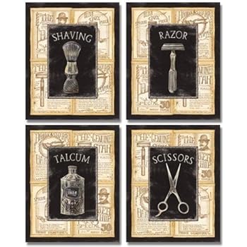 Gango Home Décor 4 Vintage Barber Shop Art Prints Shave Scissors 8 x 10