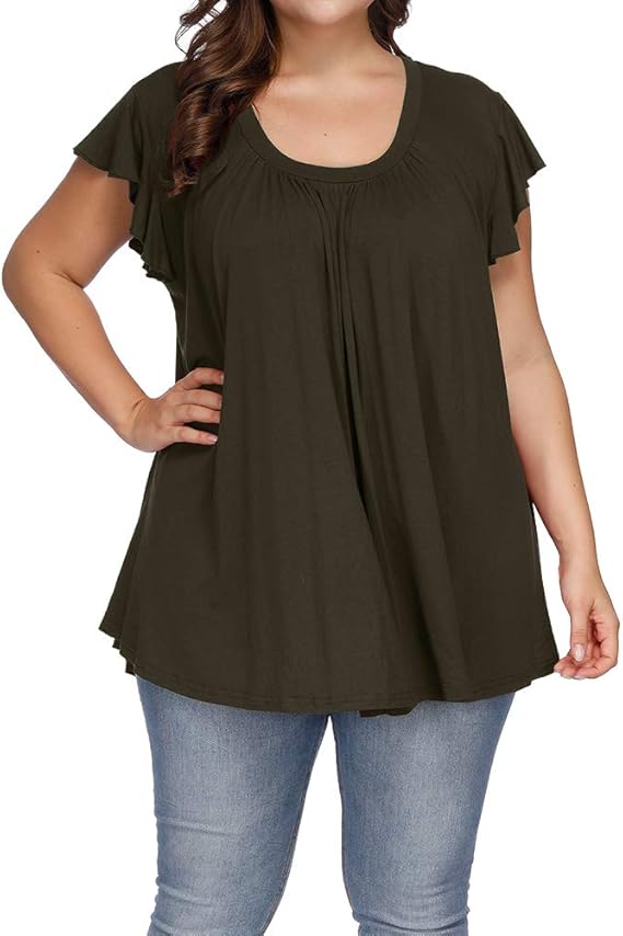 ALLEGRACE Women's Plus Size Top Short Sleeve Casual Ruffle Loose Pleated Flowy Summer T Shirts 