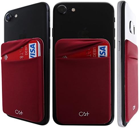 [Double Secure] Lid Credit Card Holder Stick on Wallet Discreet ID Holder Lycra Spandex Card Sleeves for Smartphones, iPhone Galaxy Cell Phone Wallet Case 3M Adhesive (Wine)