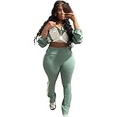 Womens Sweatsuits 2 Piece Set Contrast Color Long Sleeve Zip Up Cropped Jacket Leggings Pants Jogger Track Suits