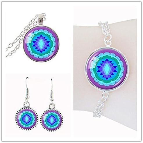 Sri Yantra Necklace Buddhist Pendant Mandala Flower Jewelry Set Sacred Geometry Jewelry Glass Dome Earring Silver Chain Bracelet