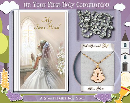 FHC First Holy Communion Gift Set Girl Missal Book, Rosary Beads, Pearl Medal and Chain C5210