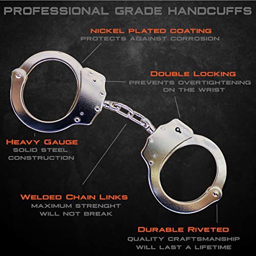 Holt 2 Pairs of Authentic Police Issue Professional Double Lock Nickel Plated Handcuffs | Steel Welded Chain with 4 Keys | 2pc Set Multi Tool Key Chain
