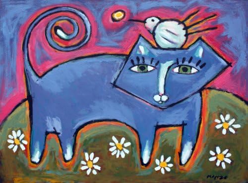 He Ain't Heavy Is a Giclee Print of an Original Painting By John Manzo, Showing a Fanciful Cat in Harmony with a Bird Balancing on Her Head, 14 X 18 Inches