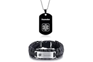 ZKXXJ Medical Alert ID Bracelets and Necklaces Set for Men - Stainless Steel Medic Identification Pendant Necklace Dog Tag & Paracord Rope Cuff Bracelet Allergy Awareness Jewelry,Customizable